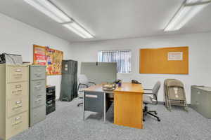 Home office with light colored carpet