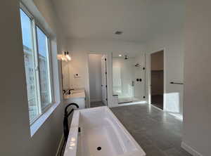 Bathroom with vanity and shower with separate bathtub