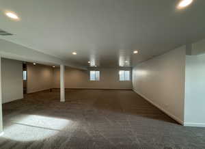 Basement with dark carpet