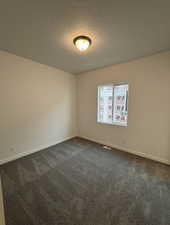 Empty room featuring dark colored carpet and a textured ceiling