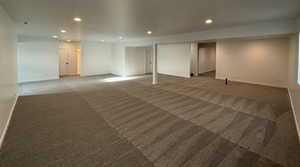 Basement with dark carpet