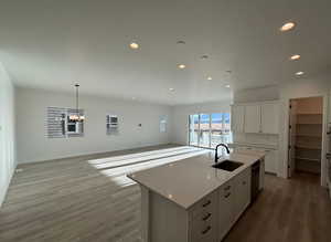 Kitchen featuring white cabinetry, sink, dishwasher, light hardwood / wood-style flooring, and a kitchen island with sink