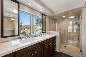 Bathroom featuring vanity, a shower with shower door, and hardwood / wood-style flooring