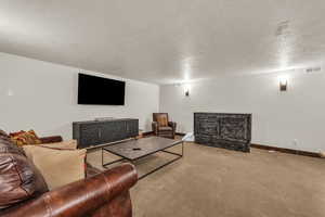 Carpeted living room featuring a textured ceiling