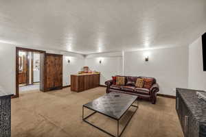 Carpeted living room with a textured ceiling and washer / clothes dryer