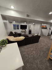 Living room featuring dark carpet and a textured ceiling