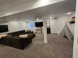 Living room with dark colored carpet and a textured ceiling