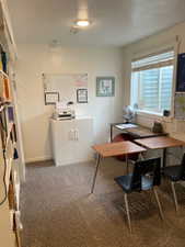 Home office  area featuring carpet flooring and a textured ceiling