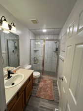 Bathroom with LVP floors, vanity, toilet, and walk in shower