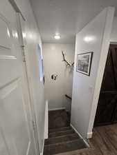 Staircase with hardwood / wood-style floors and a textured ceiling