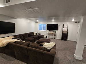 Carpeted living room with a textured ceiling