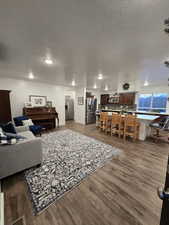 Living room featuring wood-type flooring and a textured ceiling