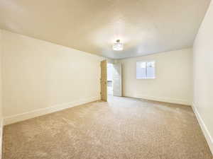 Carpeted spare room with a textured ceiling