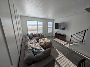 Living room featuring a textured ceiling and hardwood / wood-style flooring