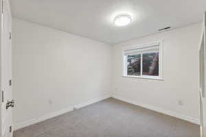 Carpeted spare room with a textured ceiling