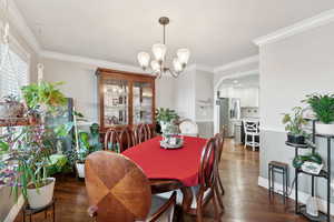 Dining room with dark hardwood / wood-style flooring, crown molding, and a notable chandelier