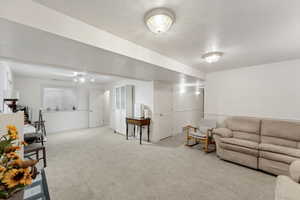 Carpeted living room with a textured ceiling