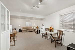 Living room with plenty of natural light, light colored carpet, and track lighting