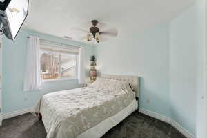 Carpeted bedroom with ceiling fan