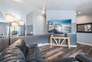 Living room with dark wood-type flooring