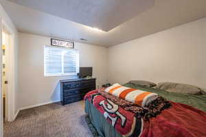 Bedroom with a textured ceiling and carpet floors