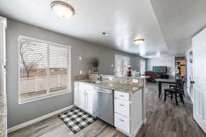 Kitchen featuring white cabinets, dishwasher, dark hardwood / wood-style flooring, and plenty of natural light