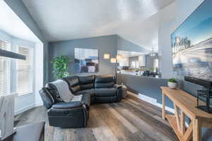 Living room with lofted ceiling and wood-type flooring