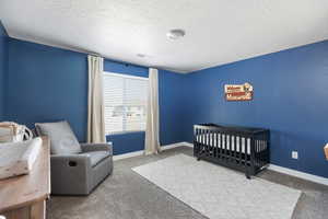 Bedroom featuring carpet flooring, a nursery area, and a textured ceiling