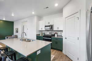 Kitchen with appliances with stainless steel finishes, sink, white cabinetry, green cabinets, and an island with sink