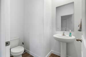 Bathroom with sink, toilet, and hardwood / wood-style flooring