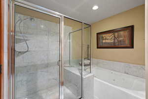 Bathroom featuring shower with separate bathtub