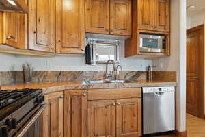 Kitchen featuring light wood-type flooring, stainless steel appliances, and sink