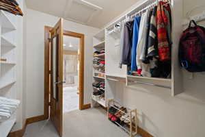 Walk in closet featuring light colored carpet