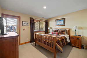 Bedroom featuring light carpet and multiple windows