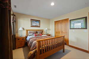 Carpeted bedroom featuring a closet