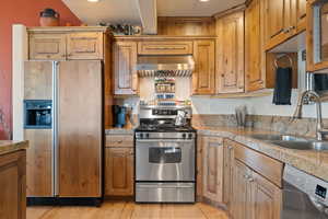 Kitchen featuring ventilation hood, sink, light wood-type flooring, and appliances with stainless steel finishes