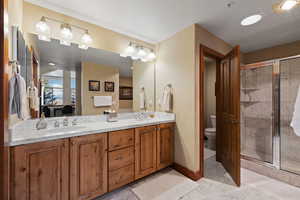 Bathroom featuring walk in shower, vanity, and toilet