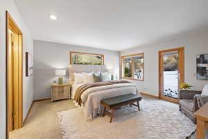 Bedroom with access to outside and light colored carpet