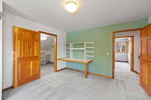 Carpeted bedroom with a spacious closet and a closet