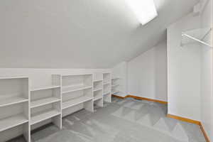 Spacious closet featuring carpet and lofted ceiling