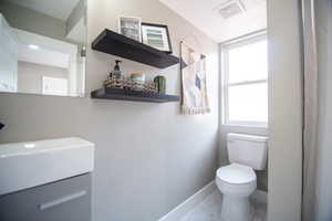 Bathroom with vanity, a healthy amount of sunlight, and toilet