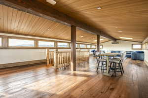 Dining room featuring vaulted ceiling with beams, hardwood / wood-style flooring, and wood ceiling