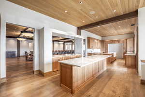 Kitchen with a large island, light hardwood / wood-style floors, and wood ceiling