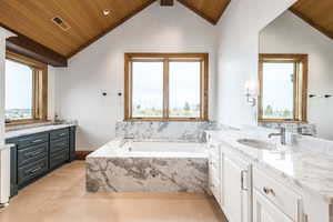 Bathroom with vaulted ceiling, a healthy amount of sunlight, and wood ceiling