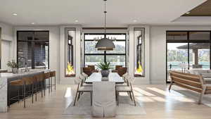 Dining space featuring light hardwood / wood-style flooring and sink