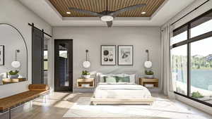 Bedroom with a tray ceiling, a barn door, light hardwood / wood-style flooring, and wooden ceiling