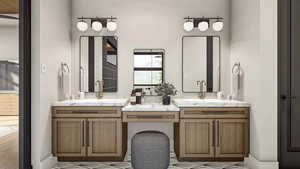 Bathroom with hardwood / wood-style floors and vanity