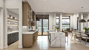 Bar featuring light stone countertops, light wood-type flooring, sink, and tasteful backsplash