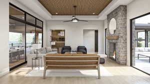 Living room with ceiling fan, a fireplace, a tray ceiling, light hardwood / wood-style floors, and wood ceiling