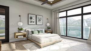 Bedroom featuring a mountain view, light hardwood / wood-style flooring, multiple windows, and ceiling fan